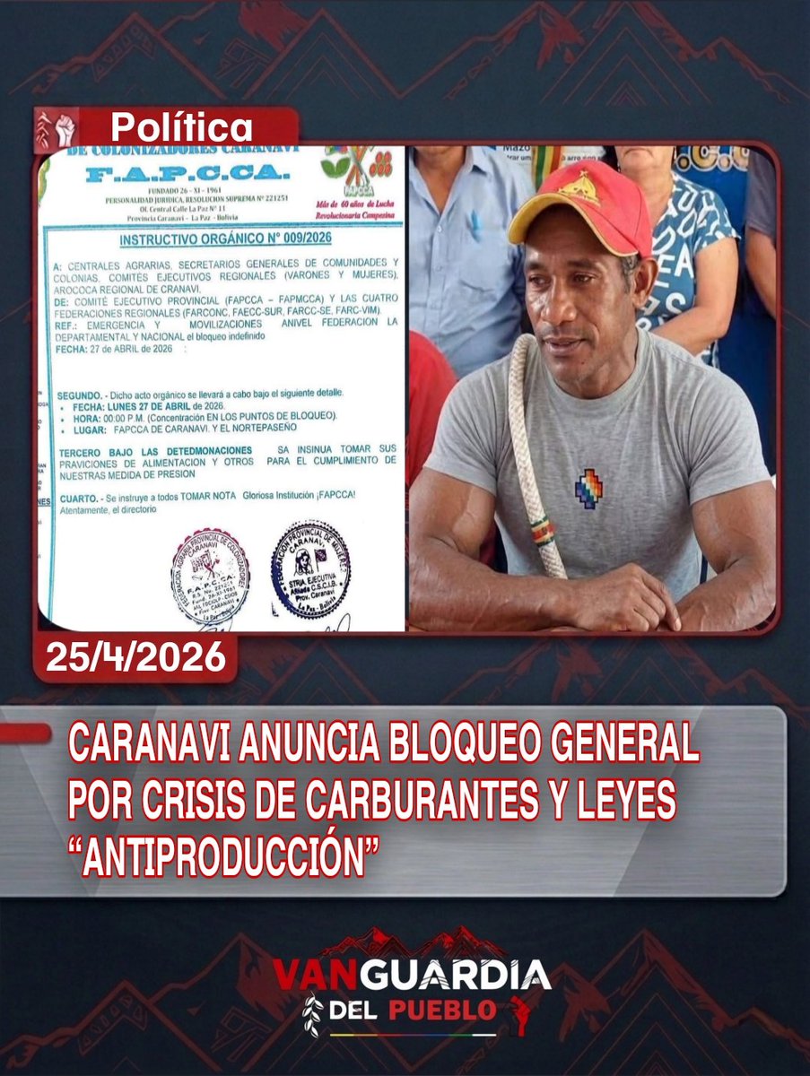 📢 #Caranavi: Bloqueo de caminos desde este lunes 27 de abril.
Las federaciones FAPCCA y FAPMCA protestan por:
⛽ Escasez y mala calidad de combustibles.
📜 Rechazo a las Leyes 157 y 1720.
Se prevé el cierre de rutas estratégicas en los Yungas y la Amazonía.
#Bolivia #noticias