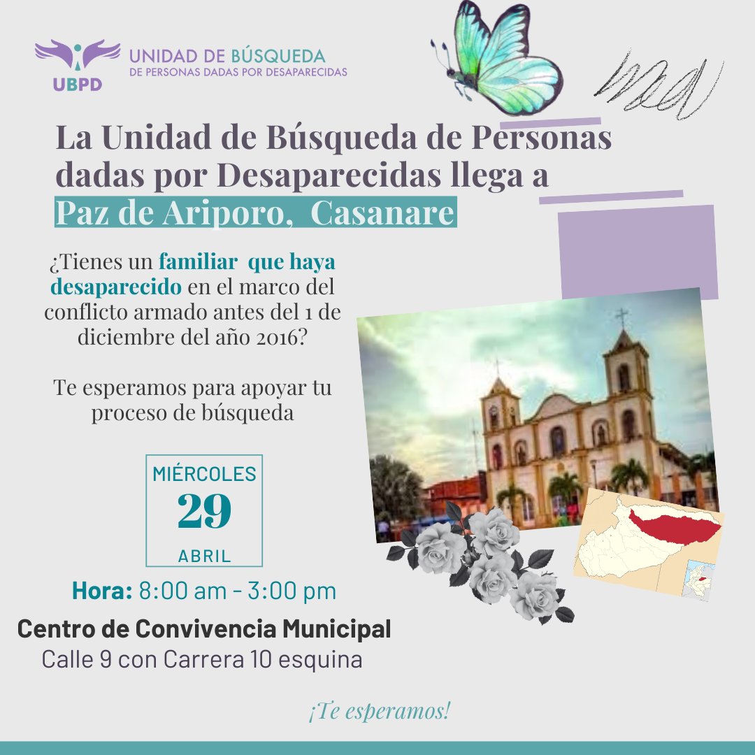 UBPDcolombia's tweet image. #UBPDCasanare | 🔔 #PazDeAriporo
Jornada de búsqueda.

Solicitudes, #ADN e información confidencial.

📅 25 de abril
⏰ 8:00 a.m. – 3:00 p.m.
📍 Centro de Convivencia Ciudadana

#LaBúsquedaNosUne
