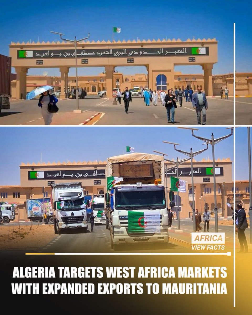 algatedzEng's tweet image. 🇩🇿 🇲🇷 Algeria has sent 33 export shipments to Mauritania showing stronger regional trade ties. 

The latest shipment involved 10 Algerian companies and included building materials, food, dates, plastics, and home appliances.

#Algeria #Trade