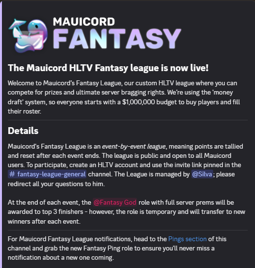 silvafangtv's tweet photo. Hello Snakepit, I am just letting you all know that in the Mauicord we have implemented a HLTV fantasy league for all to join. More info below https://t.co/yDwY0rhJdQ