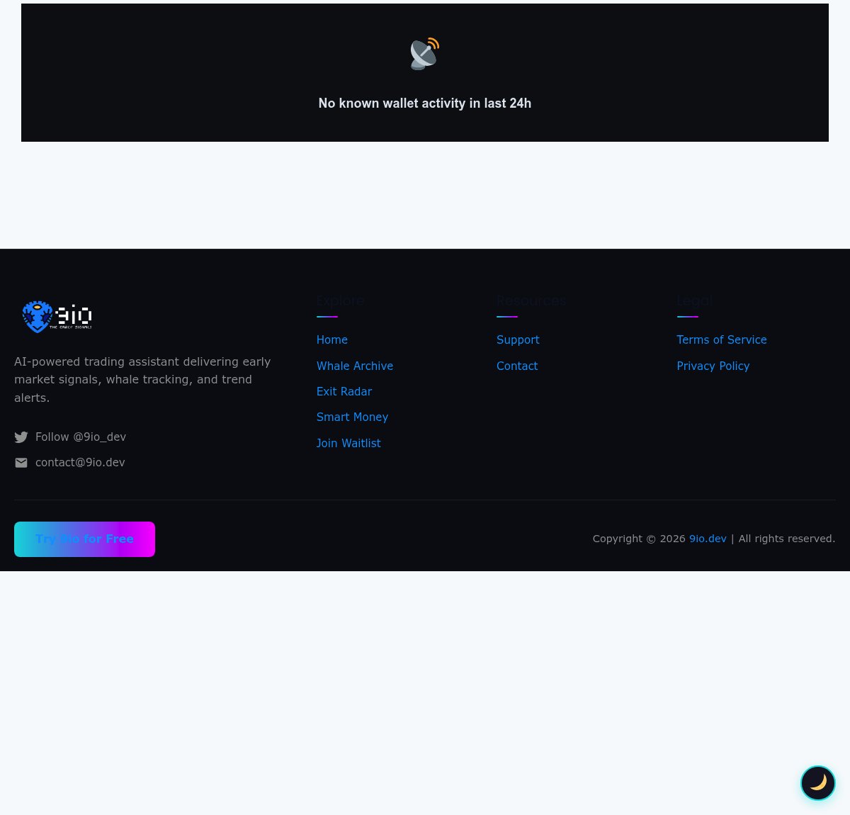 9io_Dev's tweet image. 📡 SMART MONEY RADAR — Daily Report

🟢 BULLISH · 50 whale signals today
Volume tracked: $763K

🟢 Buys: 38  🔴 Sells: 12

Top activity:
$1 ↑ · $milkers ↑ · #PIE ↑ · #SYNAPZ ↓ · #MGN ↑

Full breakdown → 9io.dev/smart-money-ra…

#Solana #OnChain #WhaleTracking #9ioSignals