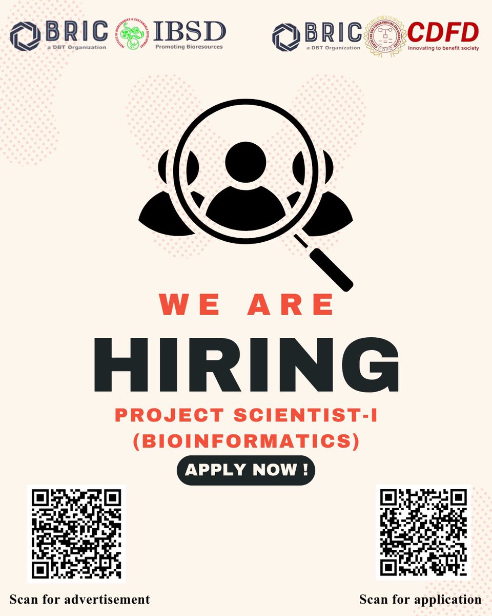 BRIC_CDFD's tweet image. 🚨 Hiring: Project Scientist-I @ BRIC-IBSD &amp;amp; CDFD

📍 Hyderabad | 💰 ₹56K + HRA
🎓 PhD/Master’s eligible
🧬 NGS, Omics, Python/R preferred
📅 Apply by 10 May 2026

Interested? Apply now.
@IndiaDST | @DBTIndia | @BricDbt 
#BioinformaticsJobs #ResearchJobs #PhDJobs