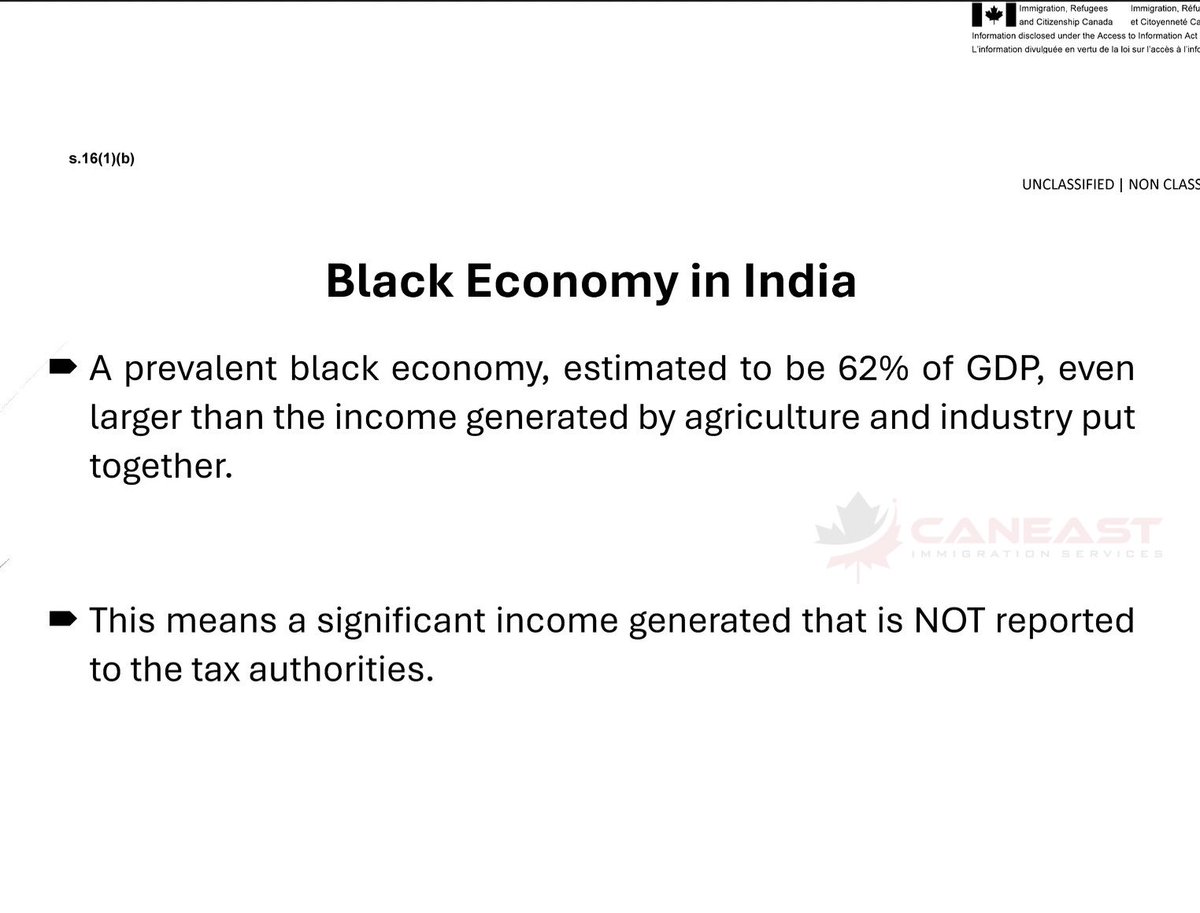 MannyLidher's tweet photo. 📄 IRCC Internal Guidance- India Financial Assessment

An internal IRCC New Delhi document (Oct 2024) highlights concerns around the scale of the unreported “black” economy in India, noting it may account for a significant portion of overall economic activity.

👉 The key implication for immigration assessments is that declared income may not always reflect actual financial capacity. This can impact how officers assess proof of funds, income credibility, and overall financial establishment. 

#CanadaVisa #CanadaImmigration