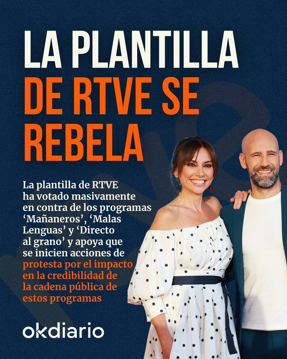 💥 Rebelión interna en RTVE.

👉 La plantilla de la cadena pública ha votado masivamente en contra de los programas Mañaneros, Malas Lenguas y Directo al grano: okdiar.io/3ONubgd