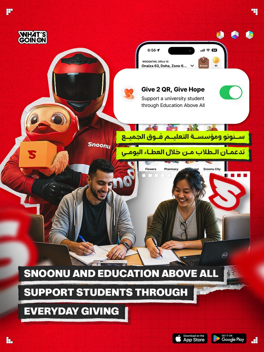 wgoqatar's tweet image. Snoonu &amp;amp; Education Above All have raised over QAR 1.3M through a simple 2 QAR checkout donation—funding university education for students and creating real opportunities 🎓🌍

#EducationForAll #CharityImpact #SocialGood #Snoonu #SupportEducation