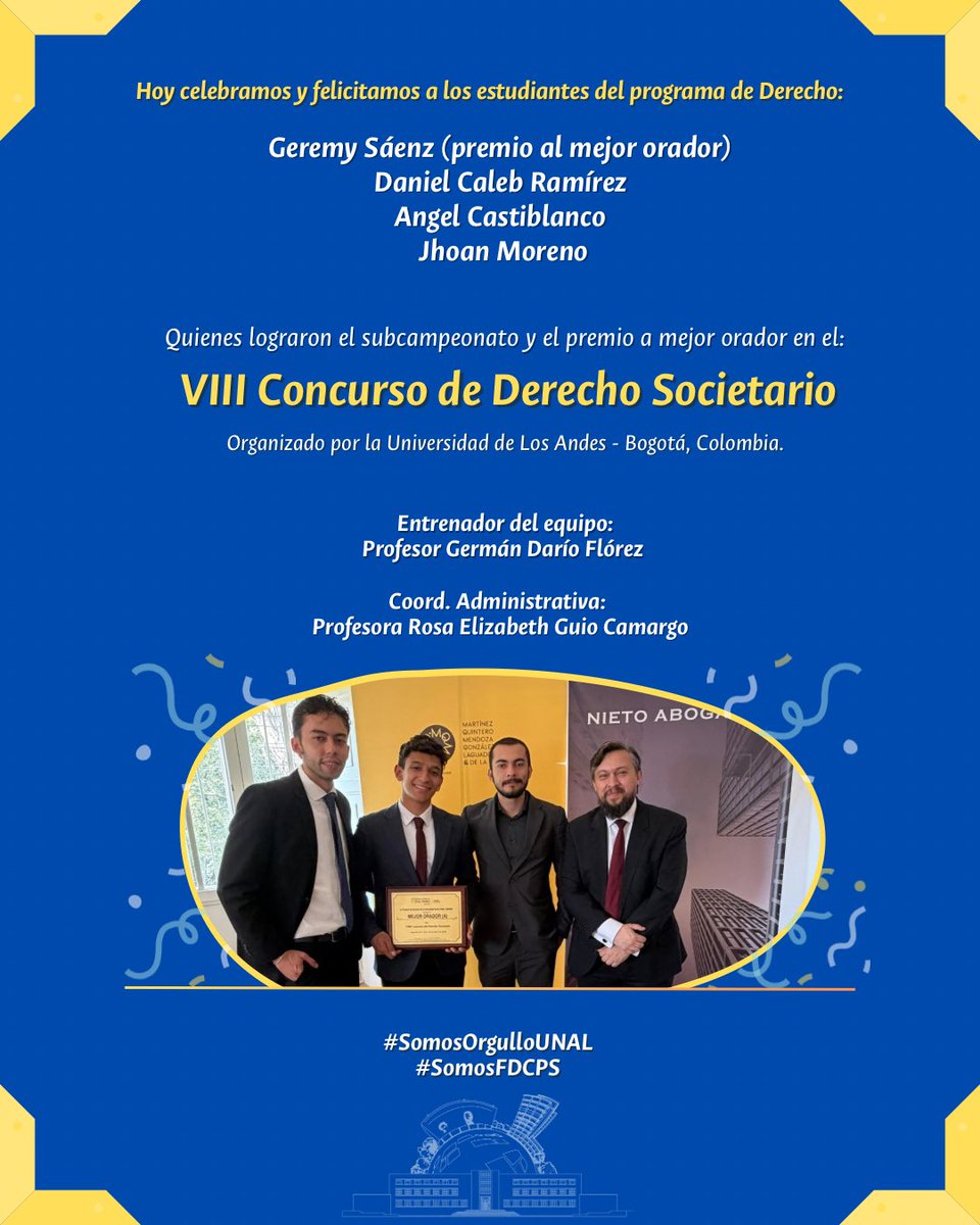 fdcps_unal's tweet photo. #OrgulloFDCPS🥈 Hoy celebramos a nuestro equipo de estudiantes de Derecho ⚖️ que llegó a la final del VIII Concurso de Derecho Societario, organizado por la @Uniandes logrando el subcampeonato y el premio a mejor orador en el caso de nuestro estudiante Geremy Sáenz 👏🏽 https://t.co/xgACLo0YbP