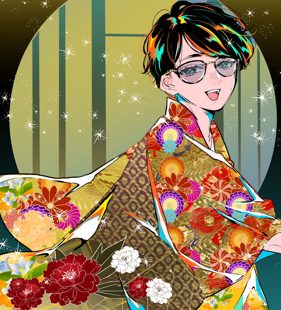 和装ありがとう！！派手で華やかでかみちゃんに似合っててとても好き(柄描くのむずすぎて素材貼りました、すみません🥲)