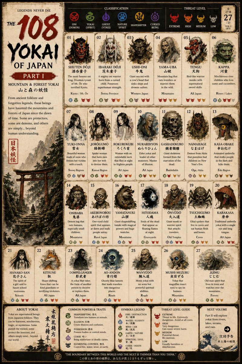 Preda2005's tweet photo. GPT Image 2 is insane. 🔥

I asked for the 108 Yokai of Japan…

it said:

“one poster isn’t enough.”

So I had to split it into 4 parts.

Part I - Mountain &amp; Forest Yokai 👺

Prompt Drop ⤵️ https://t.co/6Y4x2FI00L