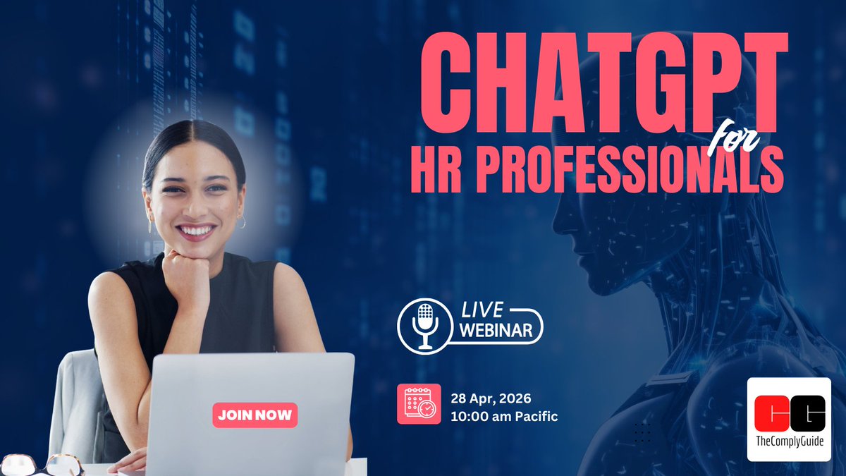 ComplyThe's tweet photo. This 150-minute webinar will be a practical, hands-on approach to using generative AI for your daily HR tasks. The hacks you learn will completely transform the way you work and help you get ahead of your peers.
Register today! [link in comments]

#AIinHR #chatgpt #GenerativeAI https://t.co/y6gt4dfwRL