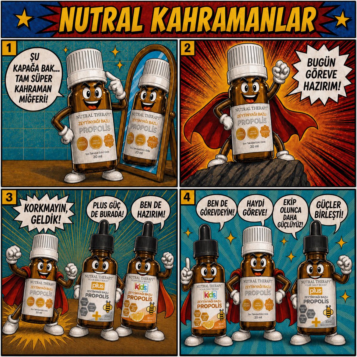 nutraltherapy's tweet photo. Göreve hazırız! 💥

Nutral Kahramanlar;
Zeytinyağı Bazlı Propolis, D3K2 Plus ve D3K2 Kids formlarıyla tüm ailenin yanında.

Sen de hemen https://t.co/ZogrZu2sYy’u ziyaret et,
Nutral Kahramanlar kapına kadar gelsin! 🐝✨ https://t.co/zd7us4fSRe