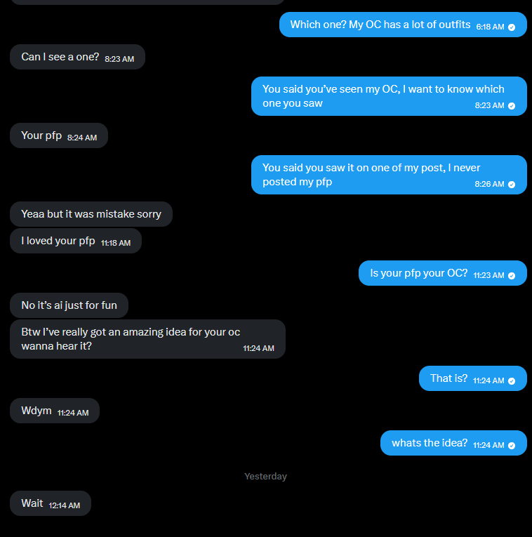 Splat_Nexus's tweet photo. Think I'm giving this one an F
- Took hours to respond
- Contradicts itself
- Says flat out that it uses AI (It couldn't even do that, the PFP was stolen from a larger VTuber)
- Doesn't even tell me it's idea
How can something be this bad at being fake? https://t.co/RqT3GeAesT