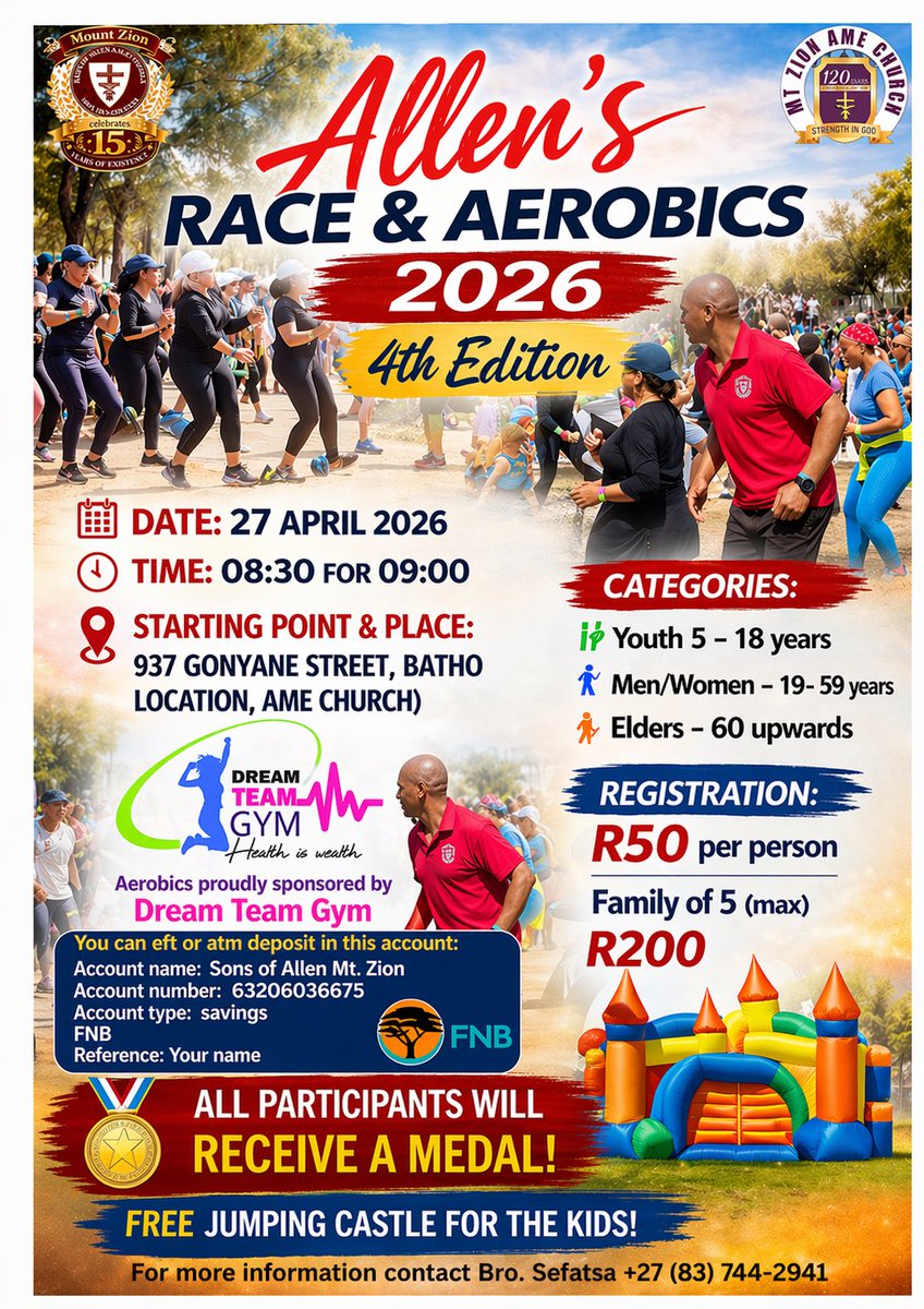 og_papi's tweet image. #BloemTwitter SOA invites you to its annual Allen’s Race, 5km fun walk/run&amp;amp;aerobics on the 27 April 2026 at 08:30 for 09:00, lots of fun and love, under the theme: Embracing #healthyliving #familybonds #love. Free jumping castle for the kids. #FreedomDaywithSoAandfriends ❤️