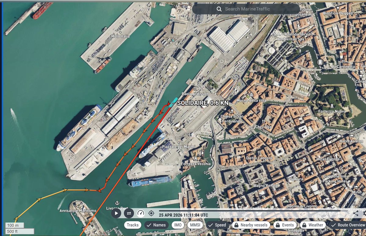 TrafficoNaviOnc's tweet image. 25.04.2026 ore 11.11 UTC #Solidaire attracca nel porto di Livorno con 75 preziose risorse inps che non vedono l'ora di pagare i contributi agli italiani sinistrati. durata della missione dalla partenza del porto di Siracusa 115 ore e 11 minuti