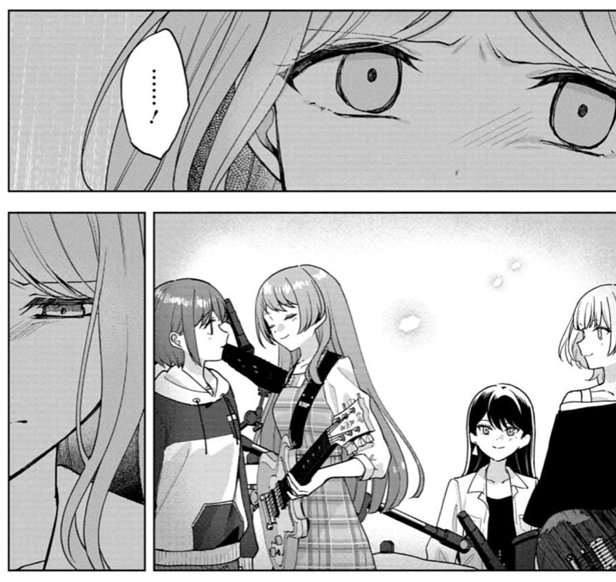 endoron's tweet photo. 雨そよの心理描写と漫画表現が素晴らしく、今年のノーベル漫画賞は決まりだと思います。
祥子に言われた"要らない"という言葉をそのままぶつけてやろうとRiNGに来たのに、更なる疎外感を感じて孤独へ落ちていく長崎そよさんを愛音ちゃんが壇上へ引き上げるシーンがアニメよりもアツく感じられました。 https://t.co/aDN0eCOKsd