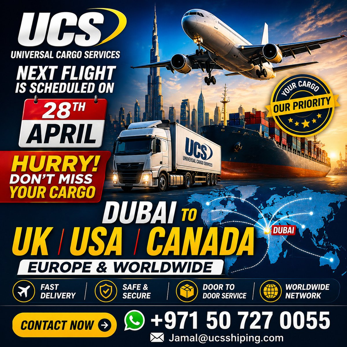 JamalUcs's tweet image. 🚨 Next Flight Alert – Don’t Miss Out! ✈️

📅 Next Departure: 28th April
⏳ Limited space available

Dubai to UK, USA, Canada, Europe &amp;amp; Worldwide

💼 Whether it’s personal cargo or business shipments.

📲 +971 50 727 0055
📧 Jamal@ucsshipping.com
#dubaicargo
#airfreight
#global