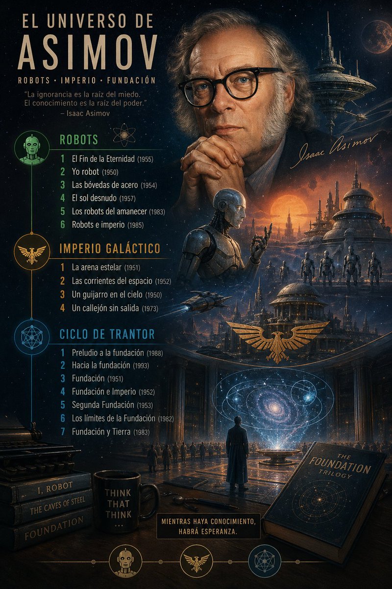 mavallecillo's tweet image. En un post de los amigos de @Cosmere16Pod alguien hablaba de sus inicios con La Fundación de #Asimov.
 
Después de leída en mi vida dos veces, mi estimado @prienU24 me recomendó leer todo el Universo de la Fundación: Robots + Imperio Galático + Ciclo de Trantor en este orden.