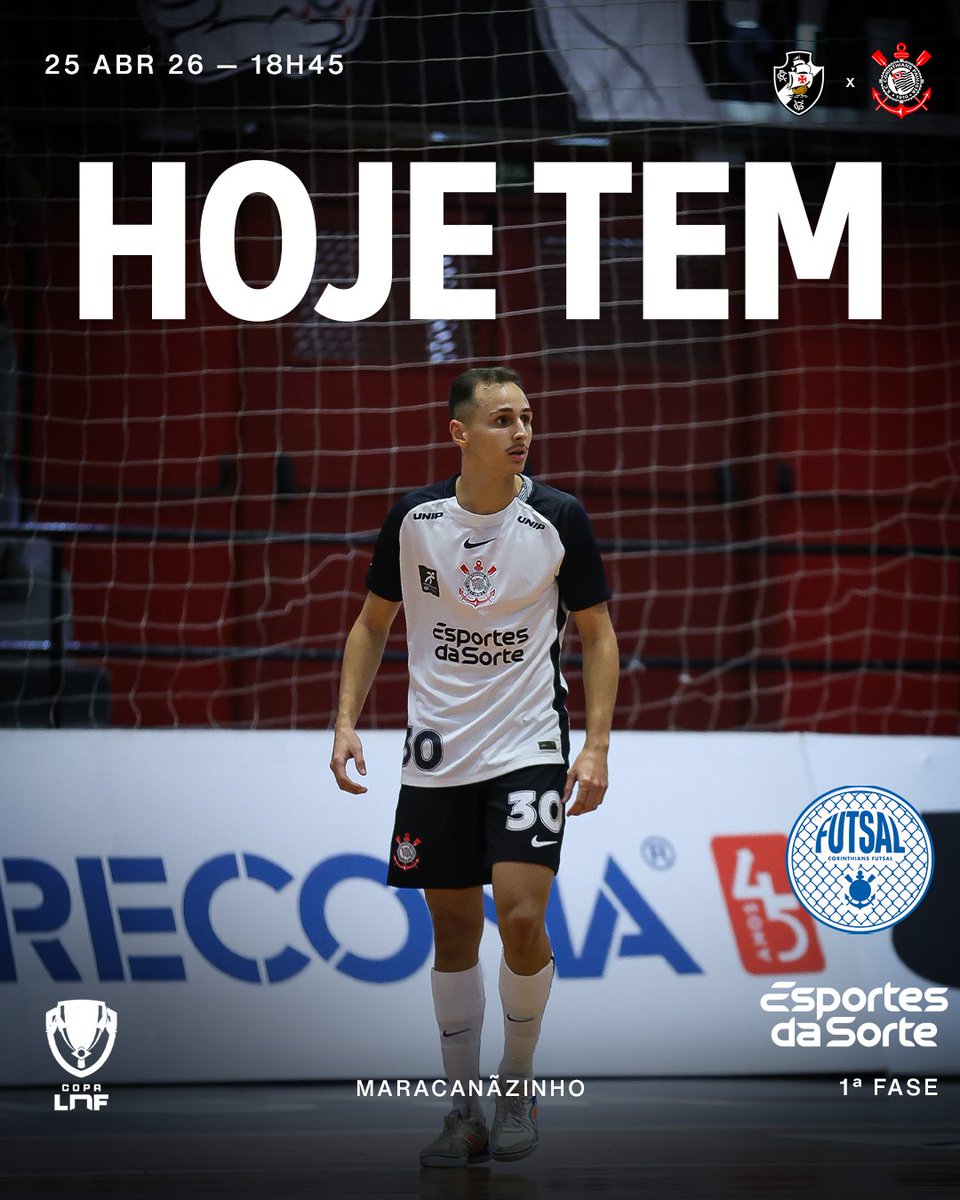 Hoje tem #CorinthiansFutsal na Copa LNF! 👊🏽

⚽ Vasco x Corinthians
🏆 Copa LNF (1ª fase)
⏰ 18h45 (horário de Brasília)
🏟️ Maracanãzinho
📺 XSports e LNF TV (YouTube)

#VaiCorinthians