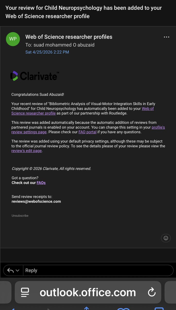 sabuzaid2023's tweet image. الحمد لله والشكر  
رسالة شكر وتوثيق من Web of Science بعد إتمامي مراجعة علمية وهي ليست الأولى لدي غيرهم (Peer Review) لمقالة مجلة Child Neuropsychology، المصنفة ضمن ISI
للناشر Taylor &amp;amp; Francis Group

أعتز بهذه المساهمةوأسأل الله التوفيق
#WebOfScience #PeerReview #TaylorAndFrancis