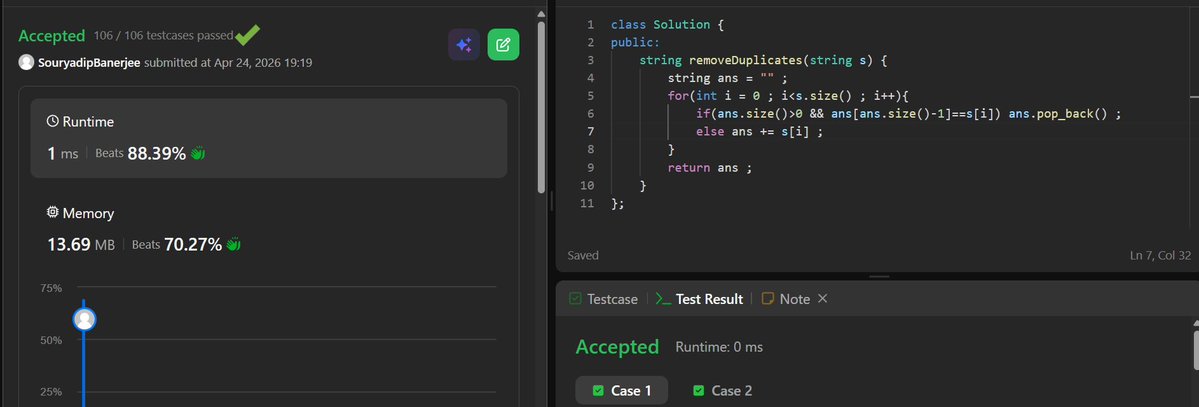 souryadip224's tweet image. 108/360 : Documenting my journey to mastery 🚀

Yesterday’s blend 👇🏻:

⚡ Solved @LeetCode  POTD
♻️ Revised 4 DSA problems

One stretched logic, four reinforced patterns.
Streak: 114 days strong 💪

#BuildInPublic #LeetCode #Consistency