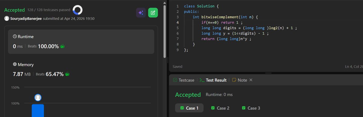 souryadip224's tweet image. 108/360 : Documenting my journey to mastery 🚀

Yesterday’s blend 👇🏻:

⚡ Solved @LeetCode  POTD
♻️ Revised 4 DSA problems

One stretched logic, four reinforced patterns.
Streak: 114 days strong 💪

#BuildInPublic #LeetCode #Consistency
