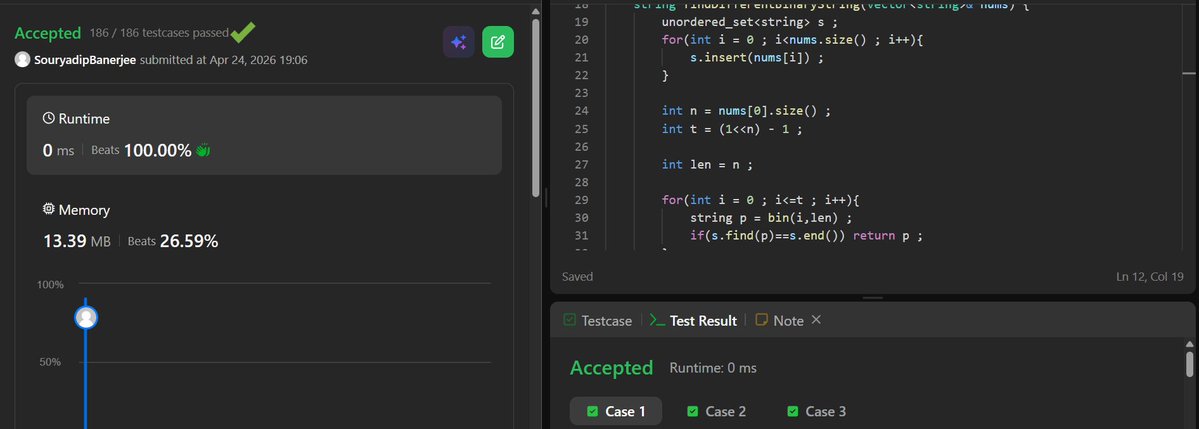 souryadip224's tweet image. 108/360 : Documenting my journey to mastery 🚀

Yesterday’s blend 👇🏻:

⚡ Solved @LeetCode  POTD
♻️ Revised 4 DSA problems

One stretched logic, four reinforced patterns.
Streak: 114 days strong 💪

#BuildInPublic #LeetCode #Consistency