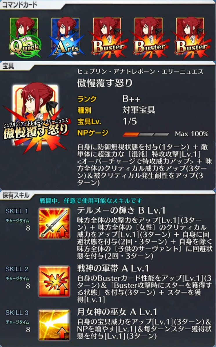ヒッポリュテのスキル&amp;宝具
・2節進行度1クリアで仮加入
└イベミッションで再臨可能
・単体混沌特攻宝具(OC可変)
・自前で3種バフ&amp;NP30%所持
└カリスマ持ち
・クリティカル関連も全部ある
・Bカード3枚構成