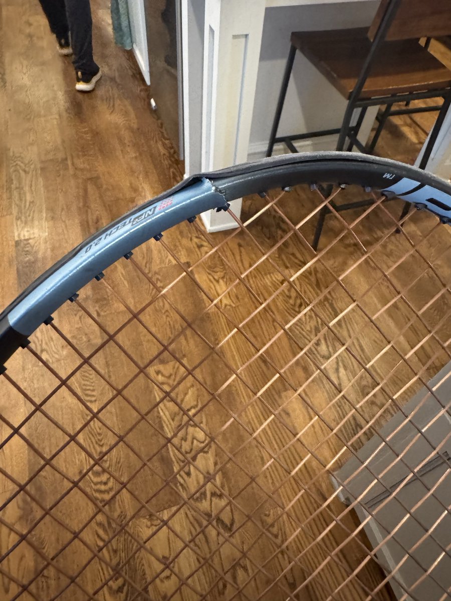AmyP's tweet photo. @babolat I have messaged through website multiple times for over a week with no response about quality issue. This racquet is less than 3 months old and is the third one to break in the same spot. https://t.co/Am0Qo4WaSq
