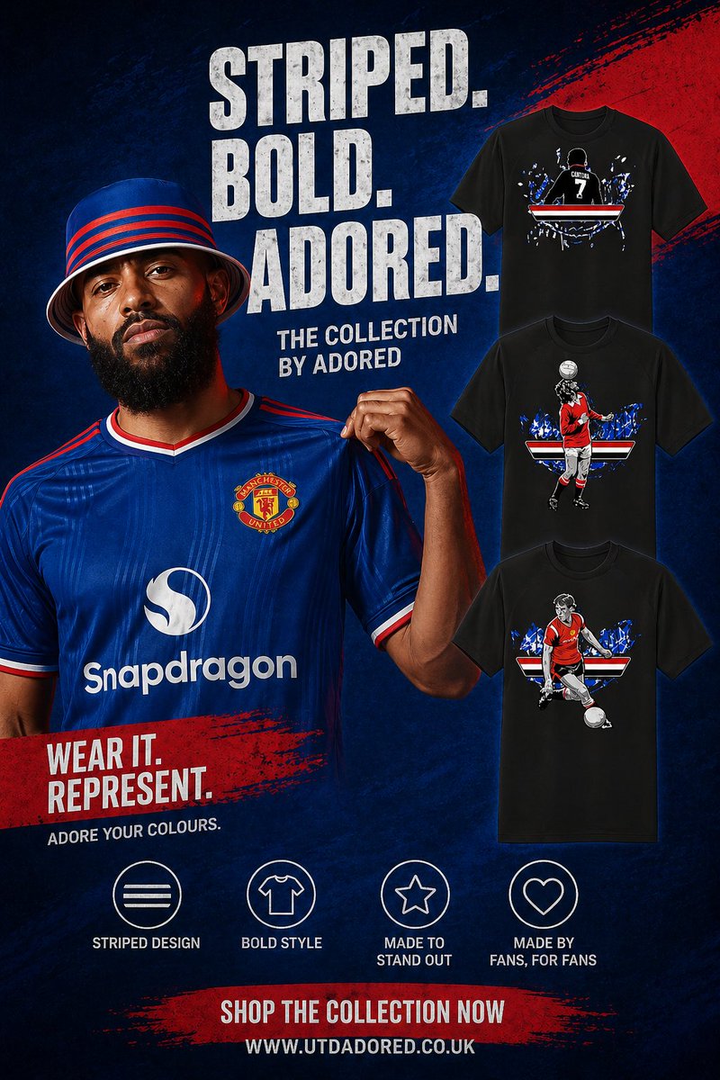 Channel your United pride with this bold new collection by Adored.
Featuring iconic stripes, legendary players like Cantona, and dynamic action graphics, these standout tees let you wear your colours with confidence. Stripped. Bold. Adored.
Made by a fan, for fans.
Shop the