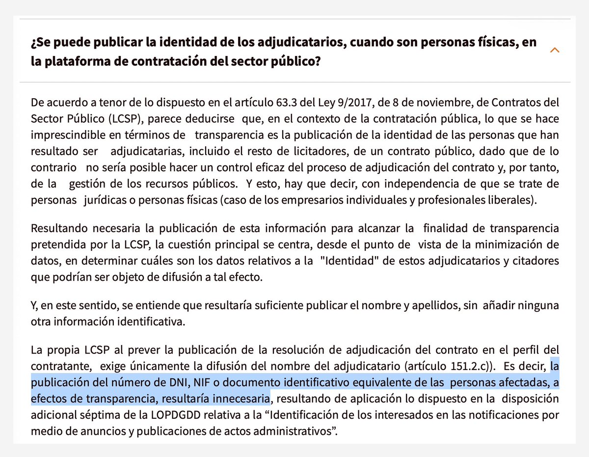 JaimeObregon's tweet photo. El NIF de una persona física es un dato personal.

El RGPD establece el principio de «minimización de datos».

La AEPD dice que para alcanzar la finalidad de transparencia en los contratos públicos bastaría publicar el nombre y «resultaría innecesario» publicar el NIF.

La PCLSP publica el NIF de cientos de miles de personas físicas.

Es significativo que la propia AEPD emplee el condicional («resultaría»), como si nadie tuviese del todo claro qué hacer.

___
¹ https://t.co/v2vQHMzbU5