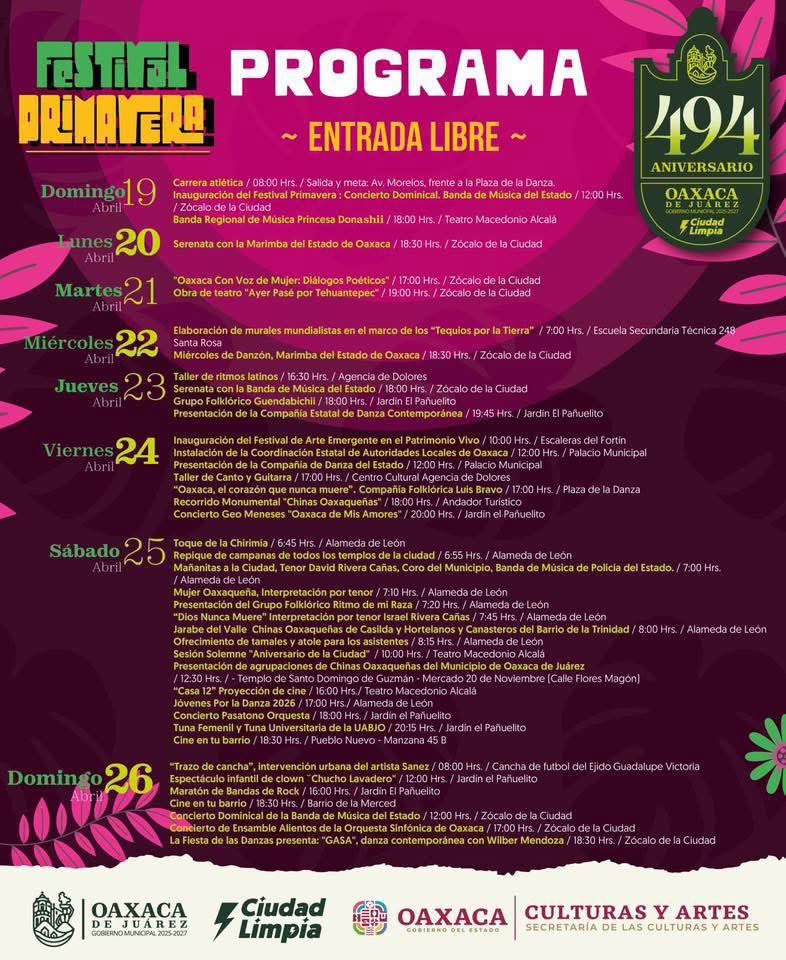 Este 25 de abril vive el Festival Primavera en la Alameda de León con mañanitas, música, danza y tradición por el 494 aniversario de Oaxaca de Juárez.

🎟️ Entrada libre
Vecinas y vecinos, celebremos juntos nuestra grandeza cultural. 💚

<a href="/raychagoya/">Ray Chagoya</a> <a href="/MunicipioOaxaca/">Municipio de Oaxaca de Juárez</a>