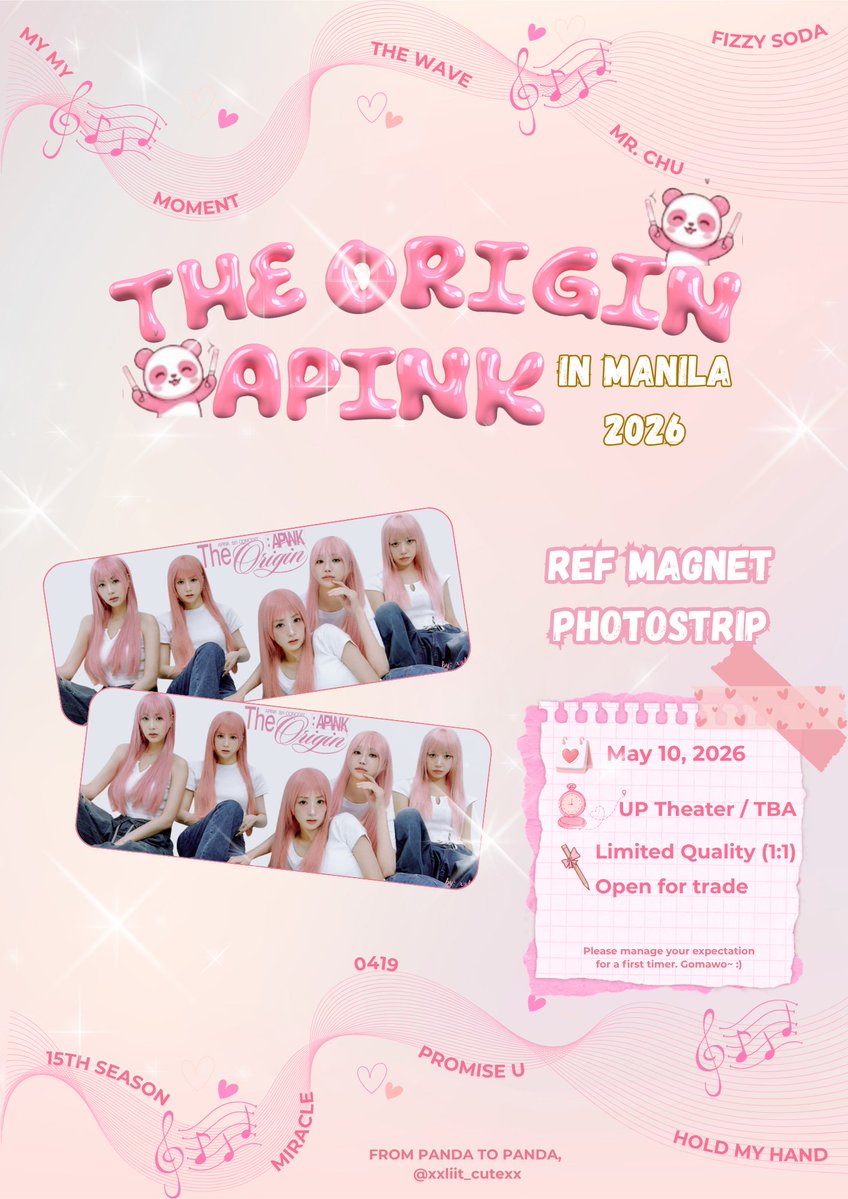 Happy 15th Season <a href="/Apink_2011/">Apink(에이핑크)</a> 💕

Pandadeul! See you at the concert! Just look for me so  I can share my freebie with you ~
🌸Strictly 1:1
🌸exact loc &amp; time: TBA
🌸open for trades
🌸kindly like and retweet

See you the soonest~🐼💙
#ApinkinManila #The_Origin_Apink_Manila #Apink
