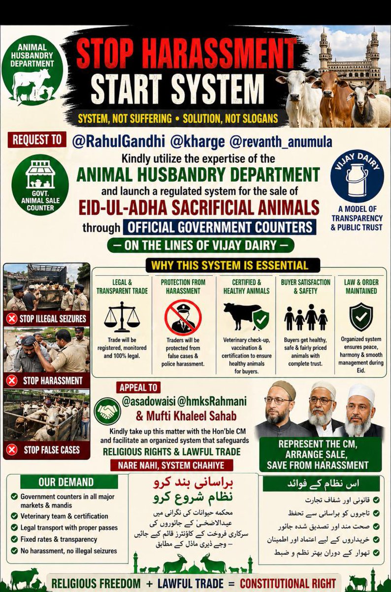 syedtaraqquadri's tweet image. FATWAS Vs FACTS ! Who stands with people? Action Missing Community Needs Solutions.Req Hon’ 3Acts ! If milk can be sold via VijayDairyCounters on Eidul Fitr Why Can’t Qurbani Animals via Govt Counters @RahulGandhi @kharge @revanth_anumula @ravish_journo @khanumarfa @infomubashir