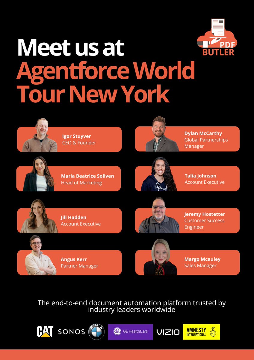 Dreamforce's tweet image. .@pdfbutler is a proud sponsor of #AgentforceTour NYC! From forms to contracts to signatures, they help automate every step of the document process. Meet the team in person or learn more at pdfbutler.com. #sponsor