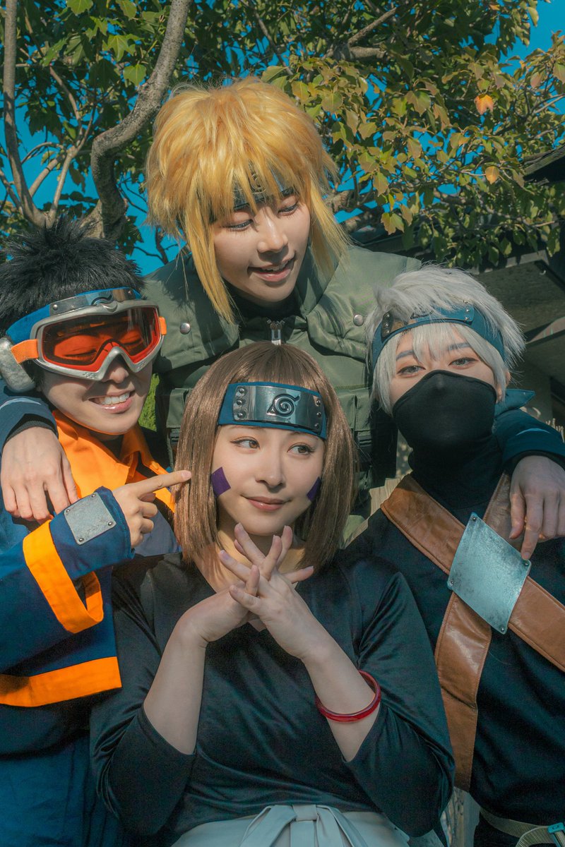 osoyopen's tweet photo. NARUTO / ミナト班

　　「絆」

ミナト: なぎこ@nagiko_kskb 
オビト: ののこ@NONOKO00012 
カカシ: えね@megaikiteruchan 
リン: そよ
cosplay https://t.co/SueQGqNt6y