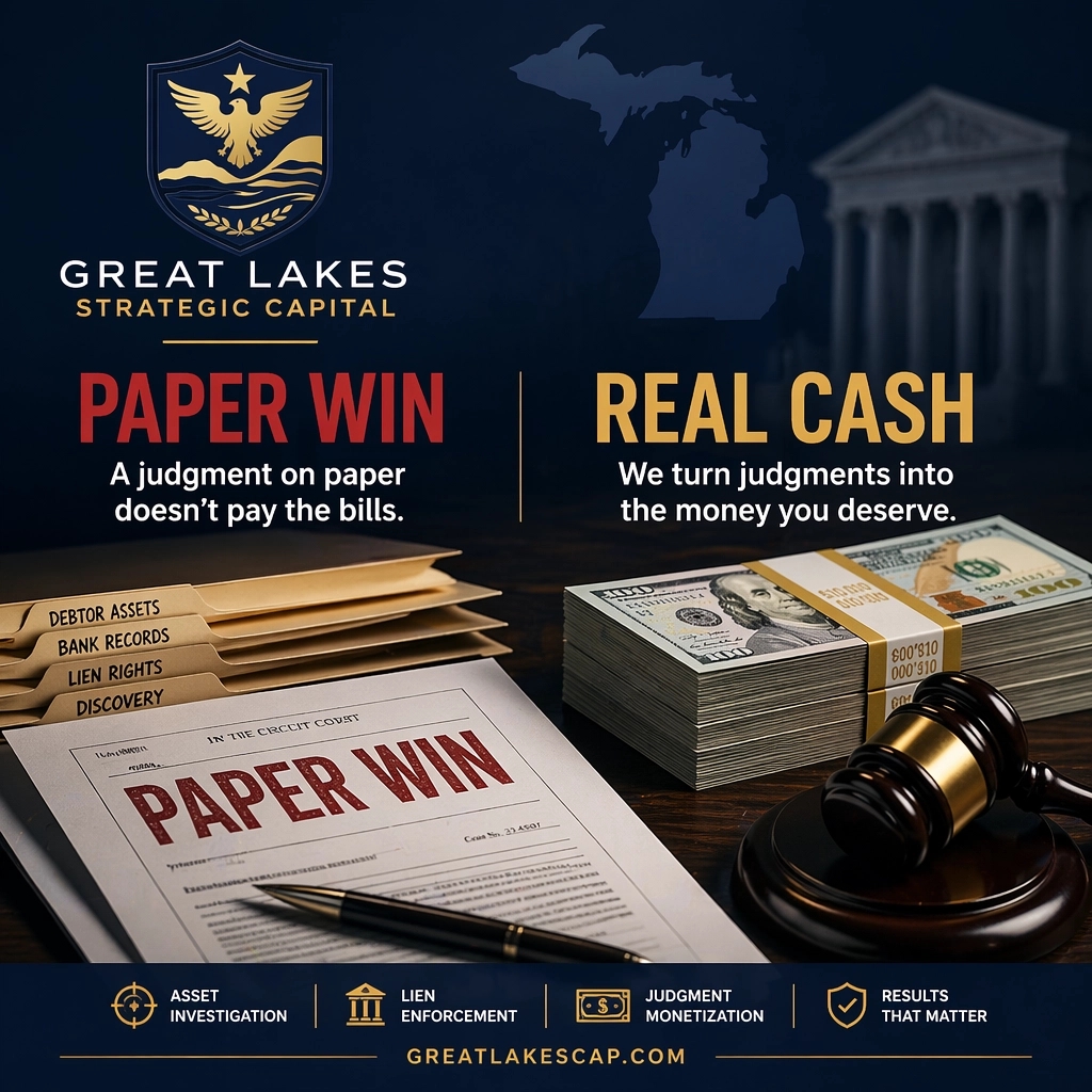 WBisard22780's tweet image. A "paper win" doesn't pay bills.
Winning a B2B lawsuit is just the start.
Collecting is the real battle.
Stop chasing and get cash now.
We buy non-consumer judgments over $3k.
Ready to turn your win into cash?
glstrategiccapital.com
#B2B #Cash #Law #MI