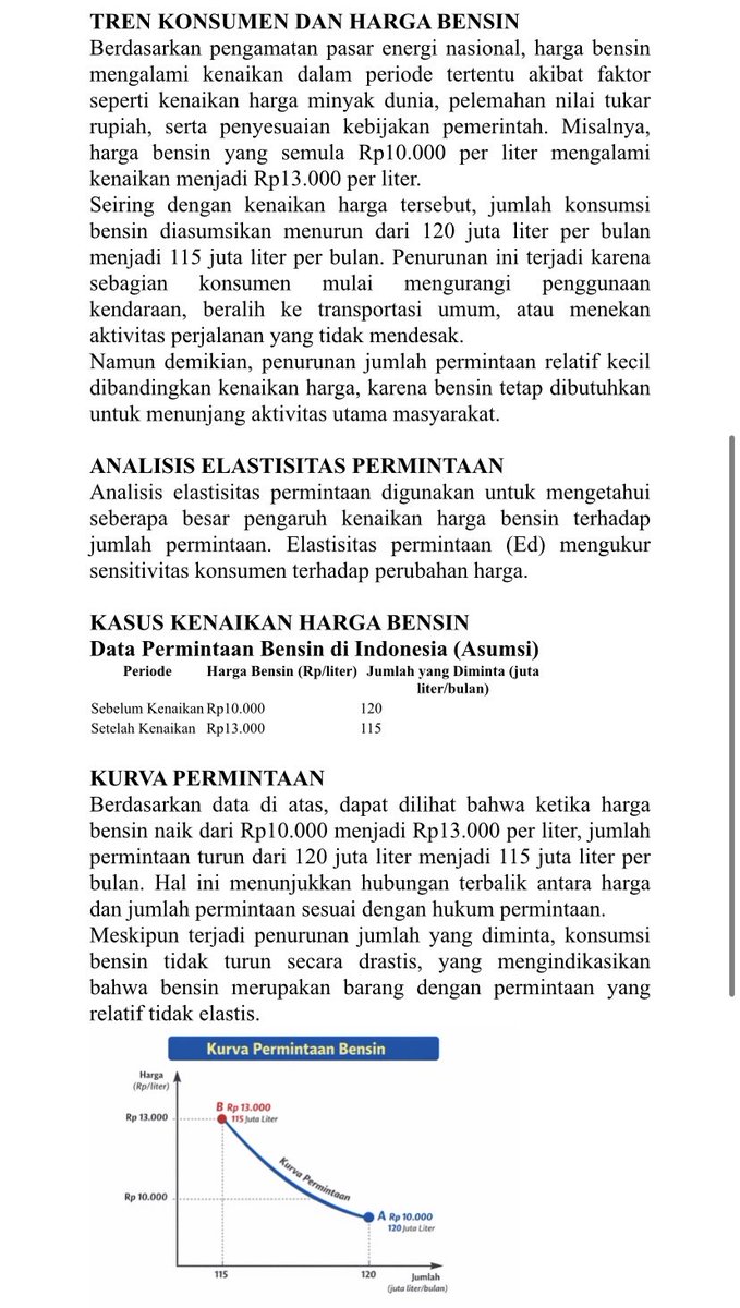 dapinchupacups's tweet photo. Harga bensin naik 30%, tapi konsumsi hanya turun 4,17% ⛽📉 Elastisitas ≈ 0,14 (inelastis), artinya permintaan tetap tinggi meski harga naik. Bensin tetap jadi kebutuhan utama yang sulit diganti.

#EkonomiMikro #Elastisitas #BBM #Mahasiswa https://t.co/bwH1OVgyBy