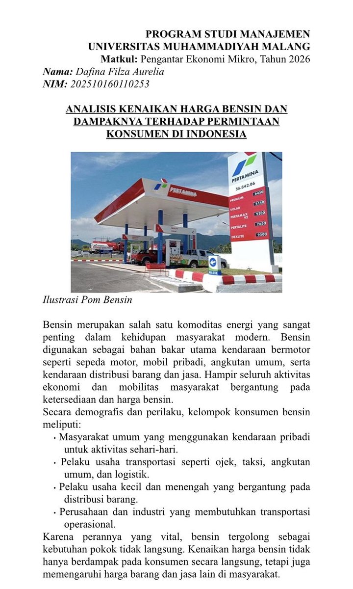 dapinchupacups's tweet photo. Harga bensin naik 30%, tapi konsumsi hanya turun 4,17% ⛽📉 Elastisitas ≈ 0,14 (inelastis), artinya permintaan tetap tinggi meski harga naik. Bensin tetap jadi kebutuhan utama yang sulit diganti.

#EkonomiMikro #Elastisitas #BBM #Mahasiswa https://t.co/bwH1OVgyBy