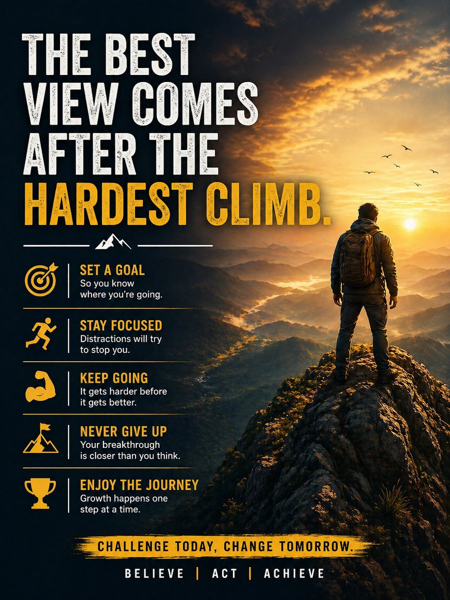 FOXBase_TPL's tweet image. 🏔️The best view comes after the hardest climb.

✨Set a goal. Stay focused. Keep going.
🦾Your breakthrough is closer than you think.
🏆Enjoy the journey and grow every day.

Challenge today, change tomorrow. ⭐️
#CareerGrowth #Motivation #SuccessMindset #keepGoing #stayFocused