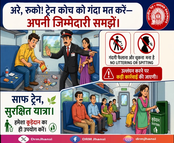 DrmJhansi's tweet photo. गंदगी नहीं, सभ्यता दिखाएं 🚫
कूड़ेदान का उपयोग करें और यात्रा को सुखद बनाएं।                                      #SwachhRail                                                                                         #CleanTrain                                                                                       #IndianRailways                                                                                #NoLittering                                                                    #PassengerAwareness