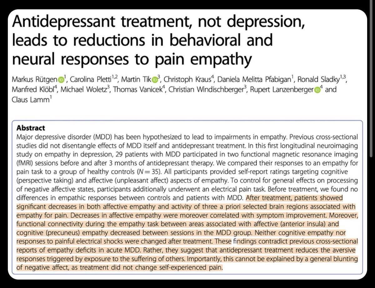 Serotonin, by blunting emotional response, reliably lowers empathy. SSRI users were significantly less likely to be bothered by seeing other people in pain