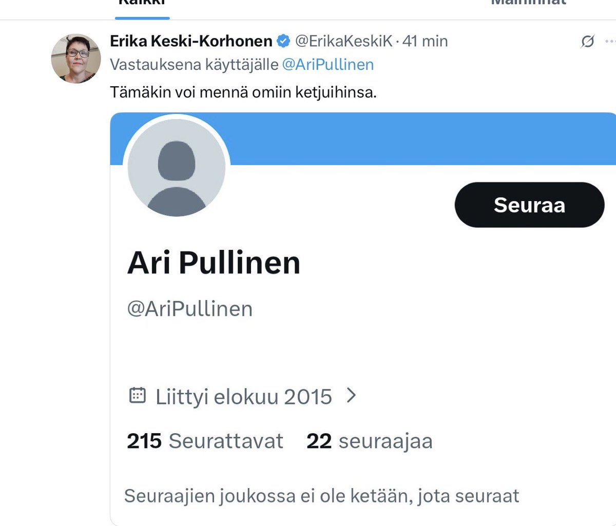 AriPullinen's tweet photo. Erikalta ei kannata kysyä mitään, blokki tulee, kun vastauksia ei ole https://t.co/VXxuUdTSqL