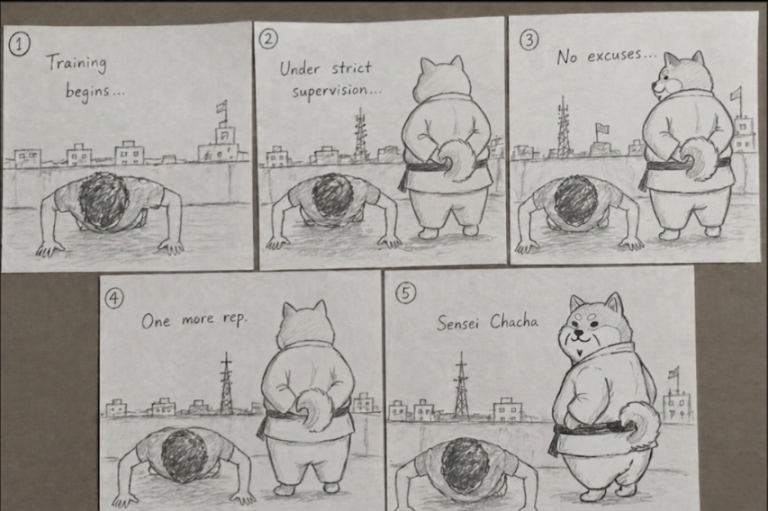 PUNIT279's tweet photo. Real discipline starts when Doge becomes your martial arts master 🐾

Training begins…
Under strict supervision…
Sensei Chacha approves.

@TheDogeOH  I made this handmade comic for the IRL

A little pushup session under the strict supervision of Sensei Chacha 🥋 https://t.co/u6uXFnmtk8