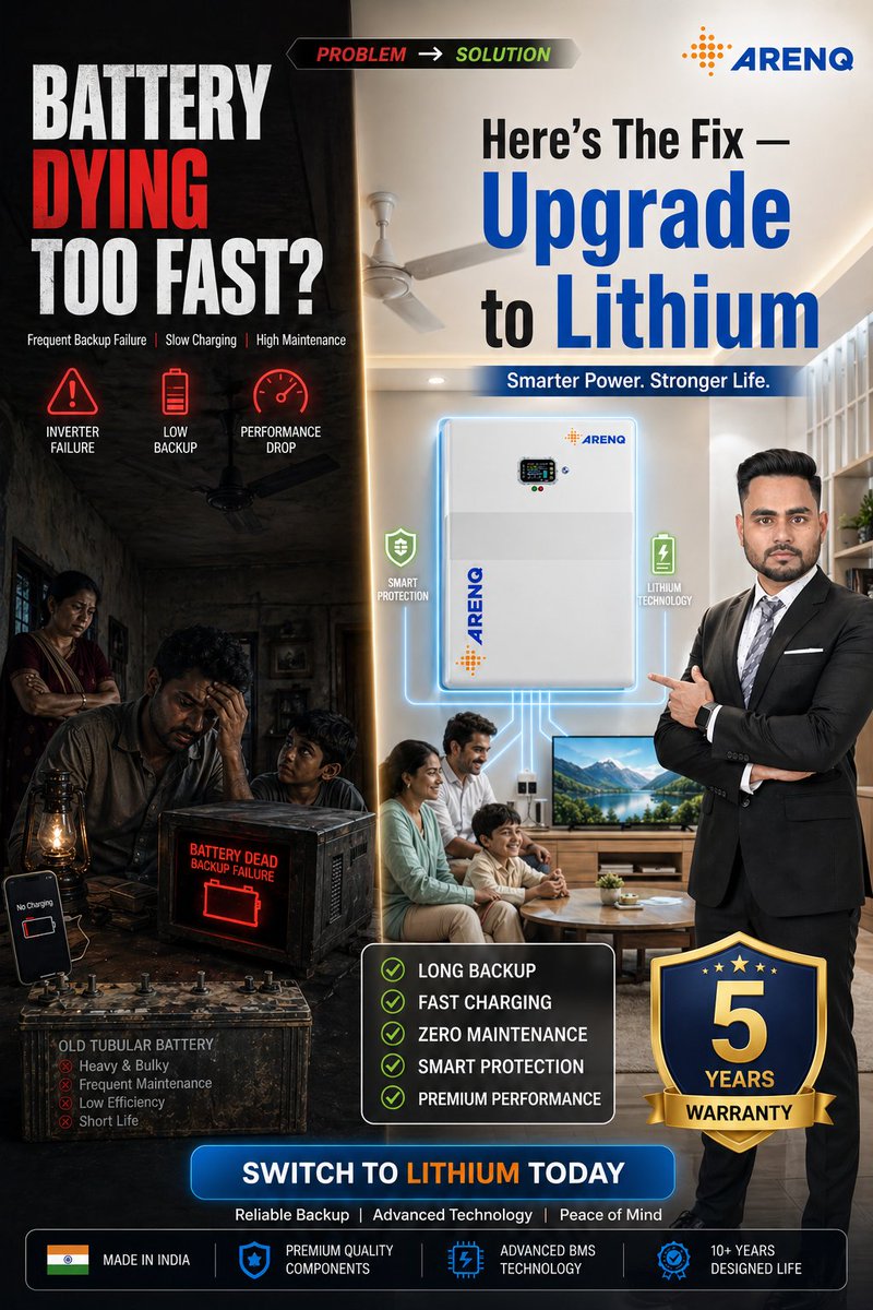 aakashnayak1177's tweet image. Battery problems? Here’s the fix. ⚡
Upgrade to ARENQ Lithium and enjoy smarter backup power.
#Shorts #LithiumBattery #PowerBackup #ARENQ