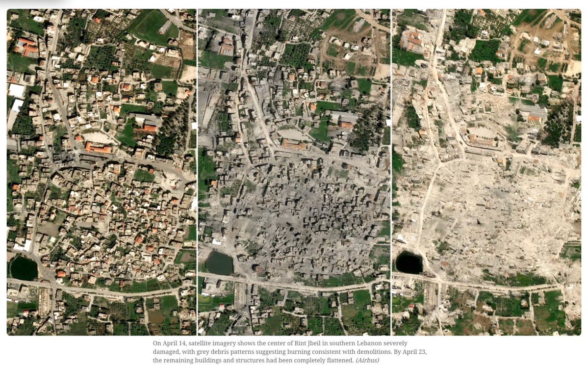 HalaJaber's tweet image. Yes, these are war crimes.
Satellite imagery does not lie.

By April 14, the centre of Bint Jbeil had already been gutted, with burn patterns &amp;amp; debris fields indicating deliberate demolitions. By April 23, the area was flattened entirely, block after block erased, with no