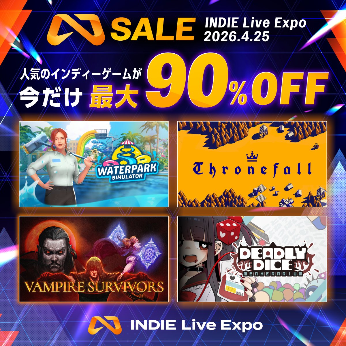 INDIELiveExpo's tweet photo. 【#INDIELiveExpo 2026.4.25 セール開催中！】

番組内で紹介するタイトルを含む、多数の作品がセール中！

この機会にウィッシュリストイン！したり、新たに購入したりしてみませんか！
https://t.co/tUQ034rrq1 https://t.co/7kYoJiOEvi