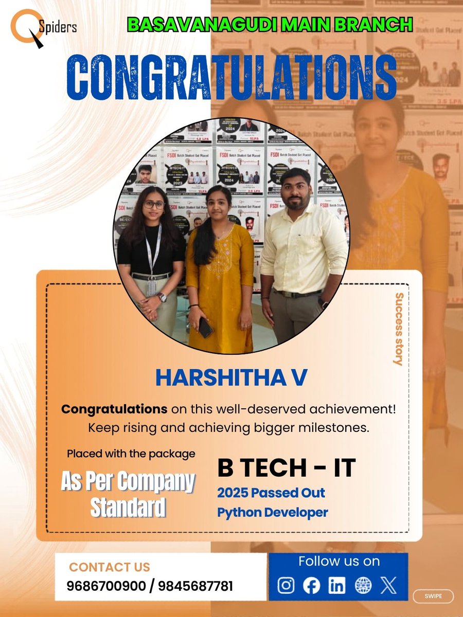 QSpiders__BTR's tweet image. Success is built on strong guidance and dedication! 📷 Harshitha V shares how ProSpiders Basavanagudi helped him grow technically and professionally to land his dream. 📷#QSpidersBasavanagudi #StudentJourney #TechCareers #ITPlacement #SuccessStory
