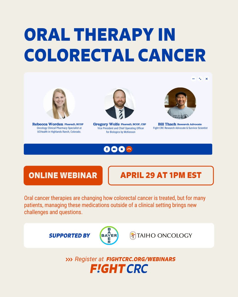 FightCRC's tweet image. Oral therapies are changing #CRC care—but they also come w/ new challenges
Our expert-led webinar will break down what patients &amp;amp; caregivers need to know

Featuring oncology pharmacy experts alongside survivor &amp;amp; research advocate Bill Thach!
fightcolorectalcancer.org/event/oral-the…