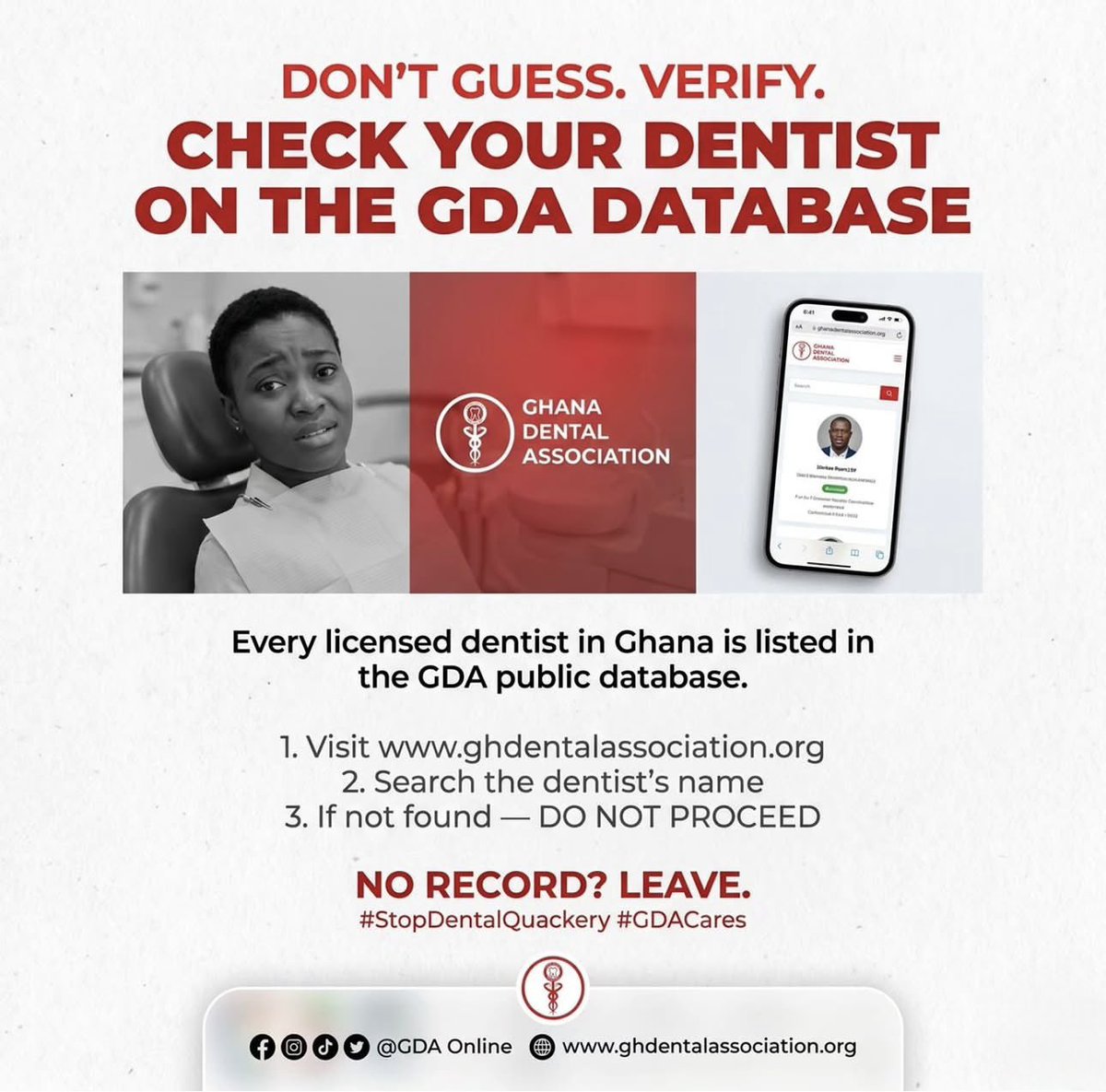 Please let's beware‼️ too many quack dentists out there! Always check if the posing dentist attending to you is licensed and is on the Ghana Dental Association Database! Thank you <a href="/theGDAonline/">Ghana Dental Associa</a> 
#dentalhealth #stopdentalquackery