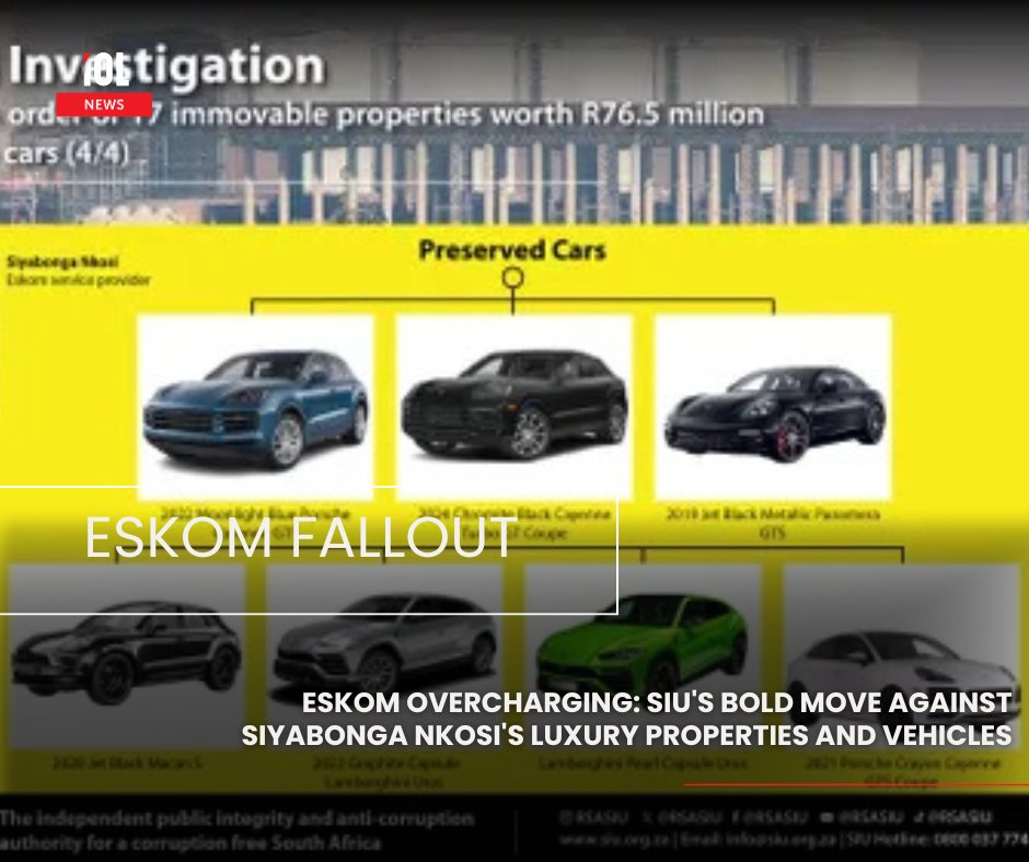 IOL's tweet image. The Special Investigating Unit has secured a preservation order for luxury properties and supercars owned by Siyabonga Nkosi, who allegedly overcharged Eskom, leading to significant financial losses.
#Eskom #Corruption #SIU 
Read on tinyurl.com/5cr2efw2