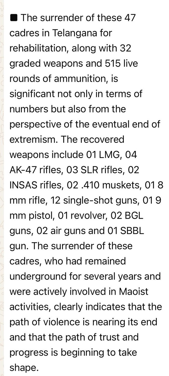 rahultripathi's tweet image. Update: 47 armed cadres of banned #CPI(Maoist) surrender in #Telangana along with arms and ammunition. 👇#LeftWingExtremism @HMOIndia.